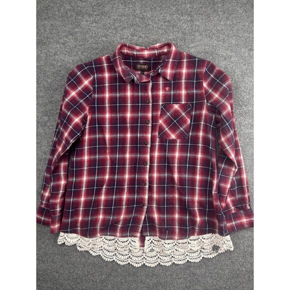 Shyanne Shirt Womens Large Red Plaid Lace Hem Long Sleeve Western Button Up Top - Picture 1 of 8